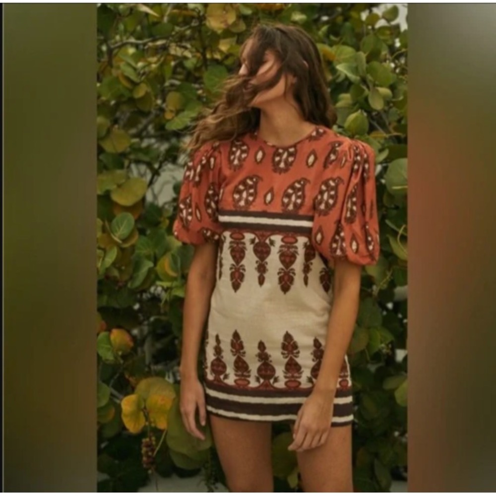 Johanna Ortiz Rust and Cream Mini Dress